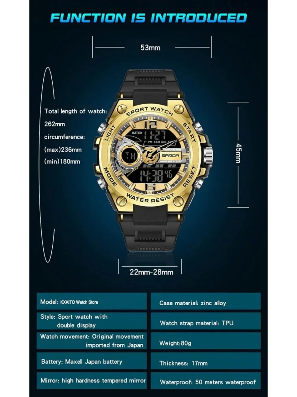 Men's Gold And Black Analog Quartz Sports Waterproof Military LED Digital Watch